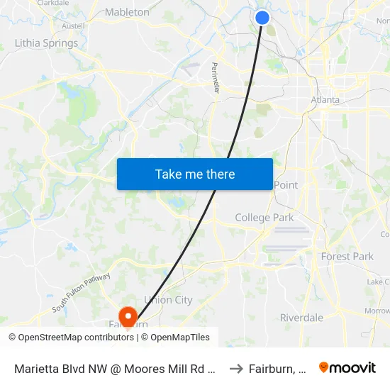 Marietta Blvd NW @ Moores Mill Rd NW to Fairburn, GA map
