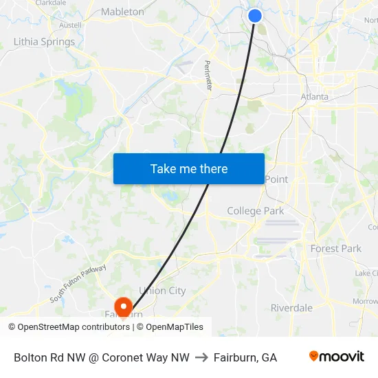 Bolton Rd NW @ Coronet Way NW to Fairburn, GA map
