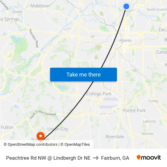 Peachtree Rd NW @ Lindbergh Dr NE to Fairburn, GA map
