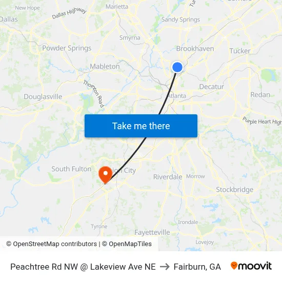 Peachtree Rd NW @ Lakeview Ave NE to Fairburn, GA map