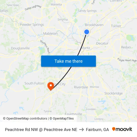 Peachtree Rd NW @ Peachtree Ave NE to Fairburn, GA map