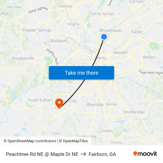 Peachtree Rd NE @ Maple Dr NE to Fairburn, GA map