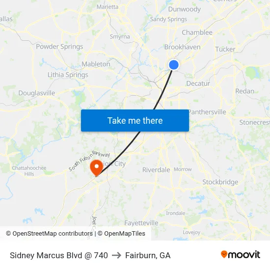 Sidney Marcus Blvd @ 740 to Fairburn, GA map