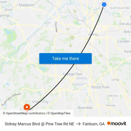 Sidney Marcus Blvd @ Pine Tree Rd NE to Fairburn, GA map