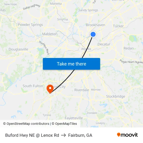 Buford Hwy NE @ Lenox Rd to Fairburn, GA map