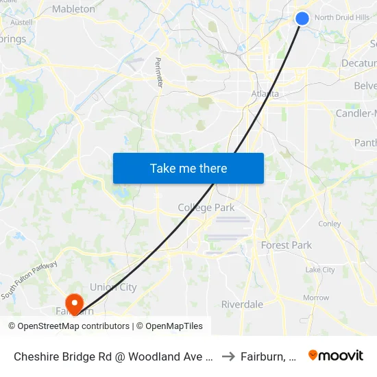 Cheshire Bridge Rd @ Woodland Ave NE to Fairburn, GA map