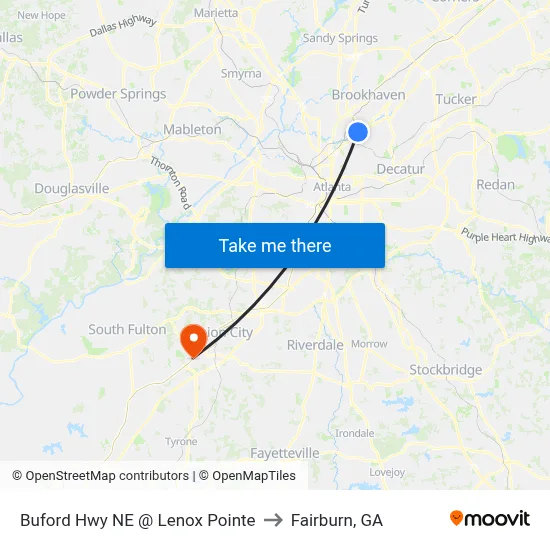 Buford Hwy NE @ Lenox Pointe to Fairburn, GA map