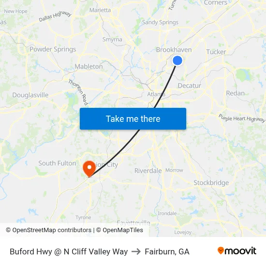 Buford Hwy @ N Cliff Valley Way to Fairburn, GA map
