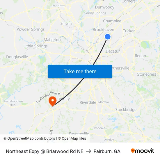 Northeast Expy @ Briarwood Rd NE to Fairburn, GA map