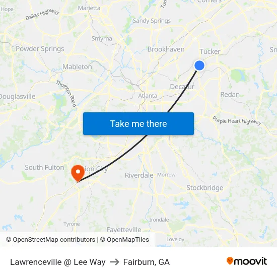 Lawrenceville @ Lee Way to Fairburn, GA map