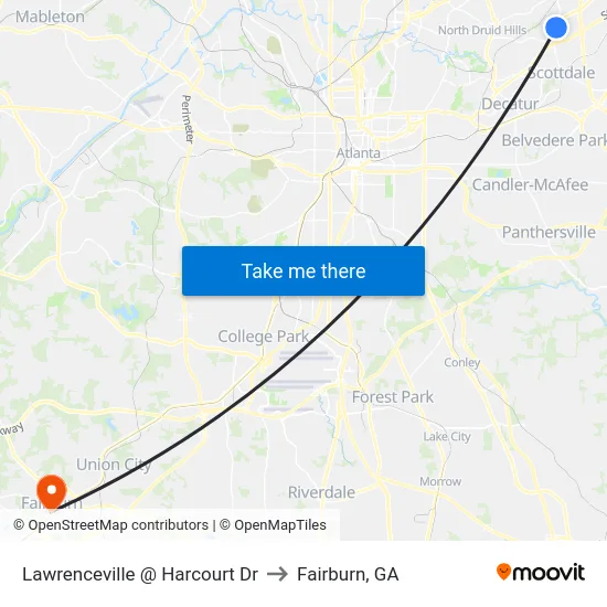 Lawrenceville @ Harcourt Dr to Fairburn, GA map