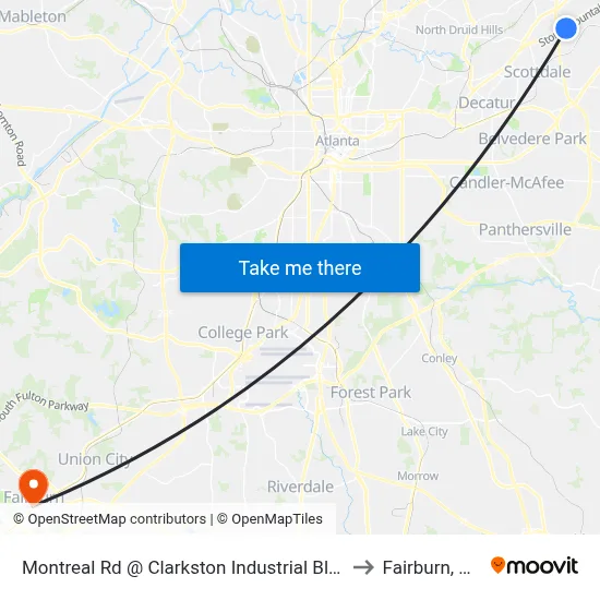 Montreal Rd @ Clarkston Industrial Blvd to Fairburn, GA map
