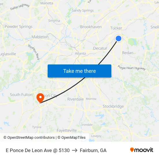 E Ponce De Leon Ave @ 5130 to Fairburn, GA map