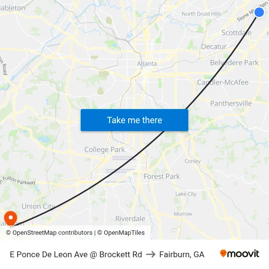 E Ponce De Leon Ave @ Brockett Rd to Fairburn, GA map