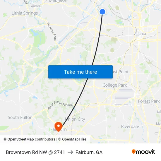 Browntown Rd NW @ 2741 to Fairburn, GA map