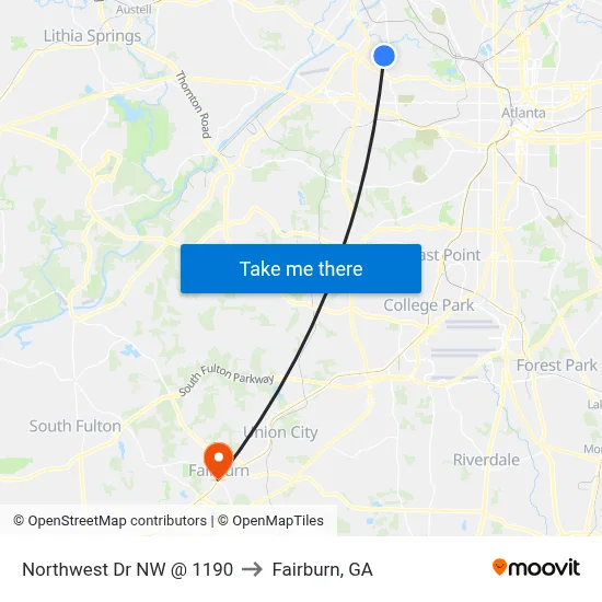 Northwest Dr NW @ 1190 to Fairburn, GA map