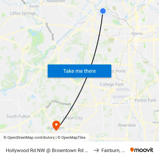Hollywood Rd NW @ Browntown Rd NW to Fairburn, GA map