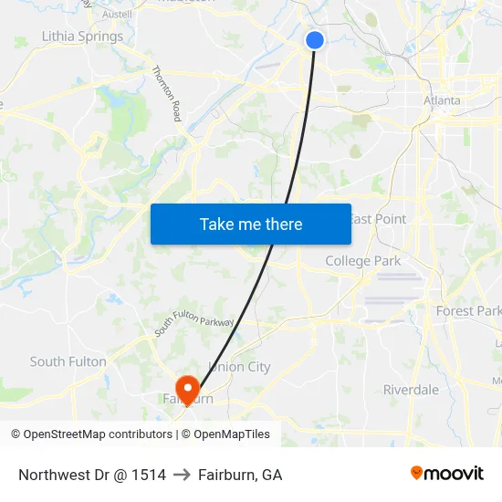 Northwest Dr @ 1514 to Fairburn, GA map