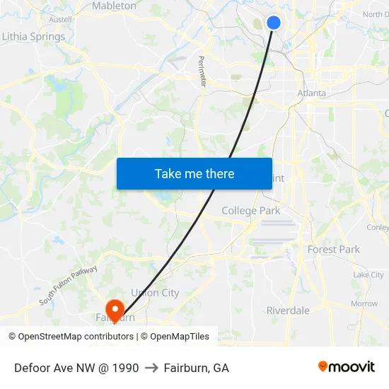 Defoor Ave NW @ 1990 to Fairburn, GA map