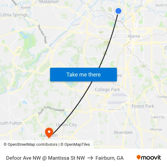 Defoor Ave NW @ Mantissa St NW to Fairburn, GA map