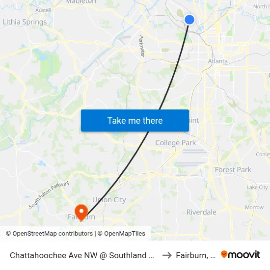 Chattahoochee Ave NW @ Southland Cir NW to Fairburn, GA map