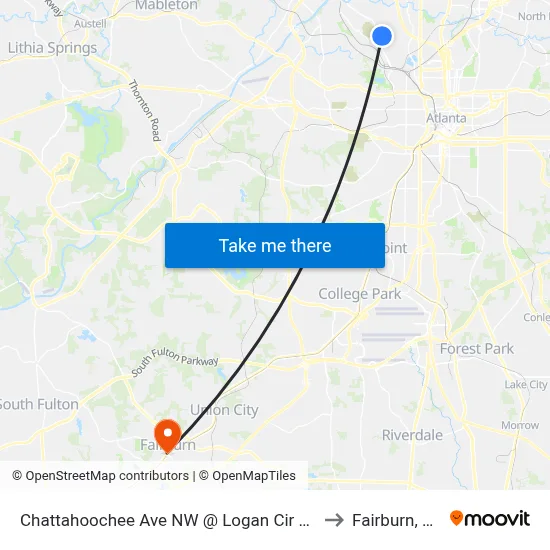 Chattahoochee Ave NW @ Logan Cir NW to Fairburn, GA map