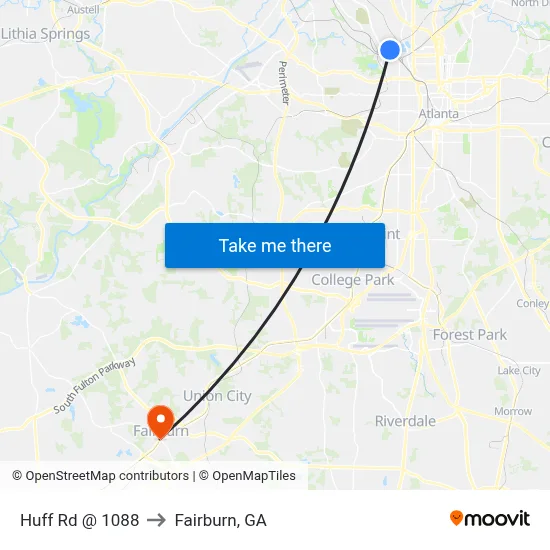 Huff Rd @ 1088 to Fairburn, GA map