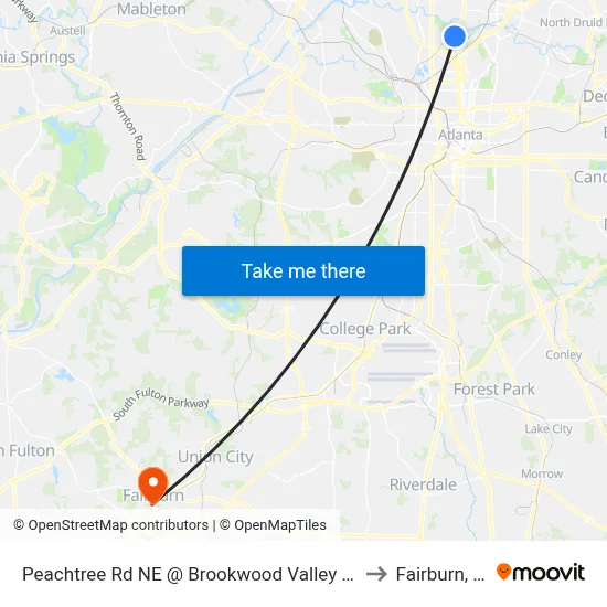 Peachtree Rd NE @ Brookwood Valley Cir NE to Fairburn, GA map