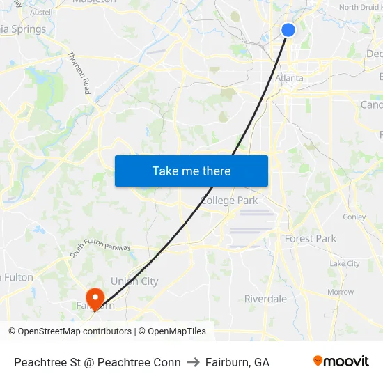 Peachtree St @ Peachtree Conn to Fairburn, GA map