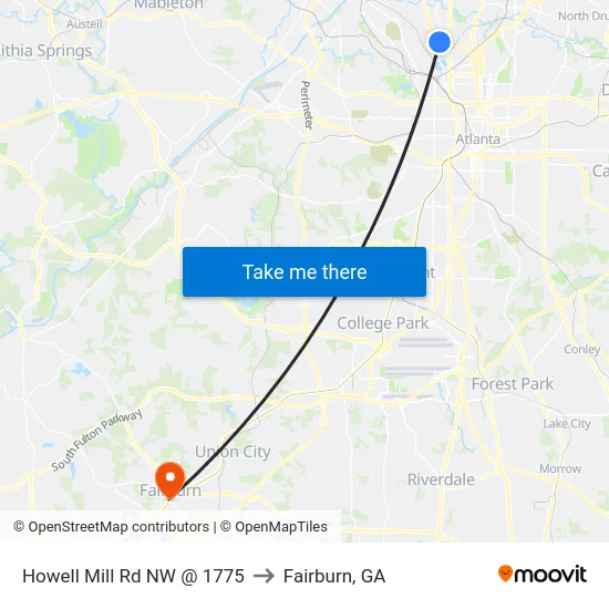 Howell Mill Rd NW @ 1775 to Fairburn, GA map