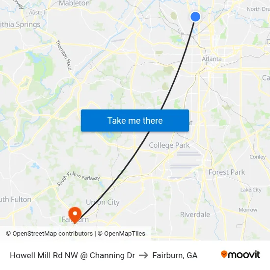 Howell Mill Rd NW @ Channing Dr to Fairburn, GA map