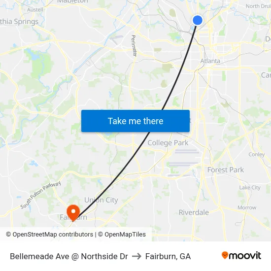 Bellemeade Ave @ Northside Dr to Fairburn, GA map