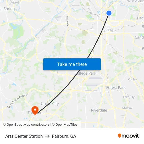 Arts Center Station to Fairburn, GA map