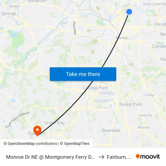 Monroe Dr NE @ Montgomery Ferry Dr NE to Fairburn, GA map