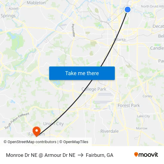 Monroe Dr NE @ Armour Dr NE to Fairburn, GA map