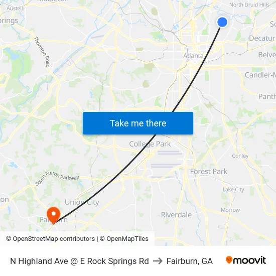 N Highland Ave @ E Rock Springs Rd to Fairburn, GA map