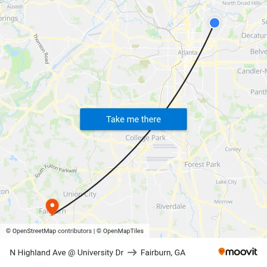 N Highland Ave @ University Dr to Fairburn, GA map