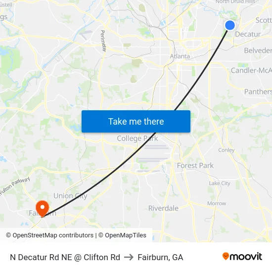 N Decatur Rd NE @ Clifton Rd to Fairburn, GA map