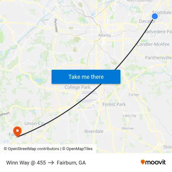 Winn Way @ 455 to Fairburn, GA map