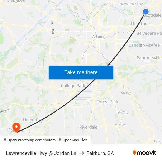 Lawrenceville Hwy @ Jordan Ln to Fairburn, GA map