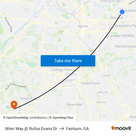 Winn Way @ Rufus Evans Dr to Fairburn, GA map
