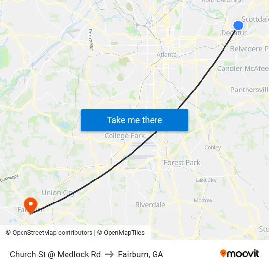 Church St @ Medlock Rd to Fairburn, GA map