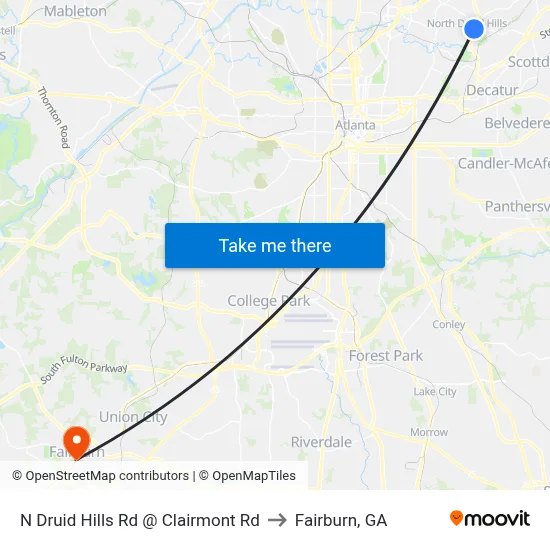 N Druid Hills Rd @ Clairmont Rd to Fairburn, GA map