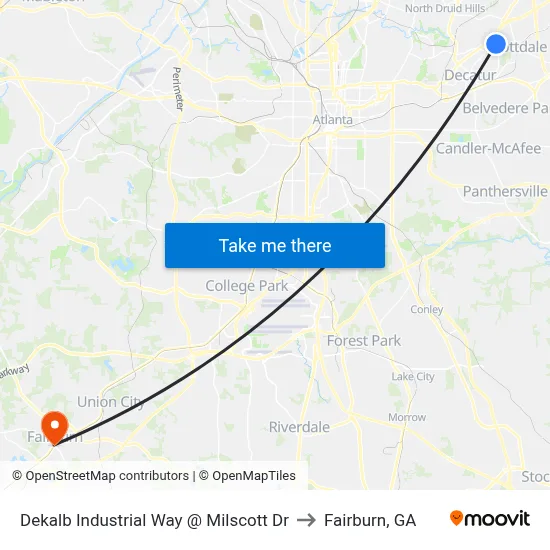 Dekalb Industrial Way @ Milscott Dr to Fairburn, GA map