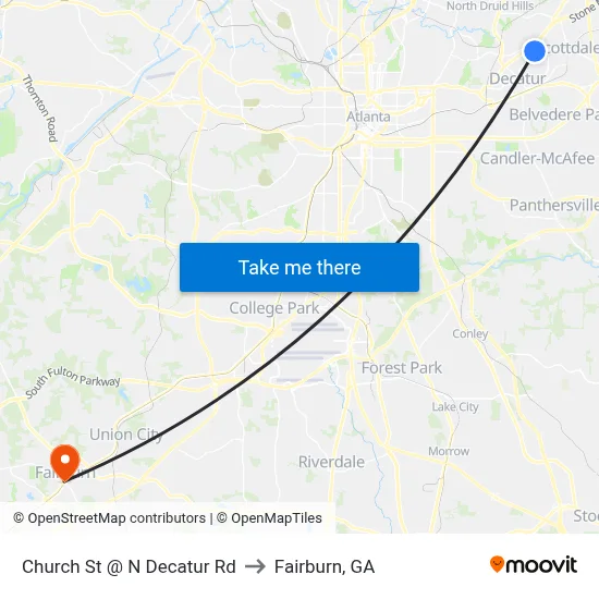 Church St @ N Decatur Rd to Fairburn, GA map