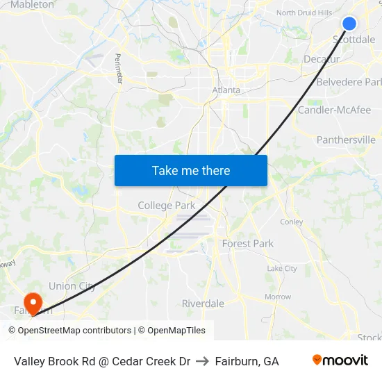 Valley Brook Rd @ Cedar Creek Dr to Fairburn, GA map