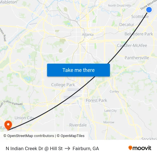 N Indian Creek Dr @ Hill St to Fairburn, GA map