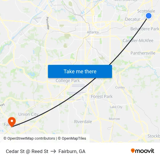 Cedar St @ Reed St to Fairburn, GA map