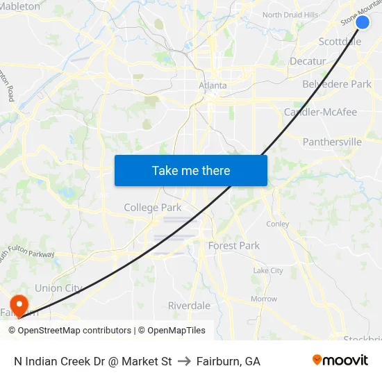N Indian Creek Dr @ Market St to Fairburn, GA map