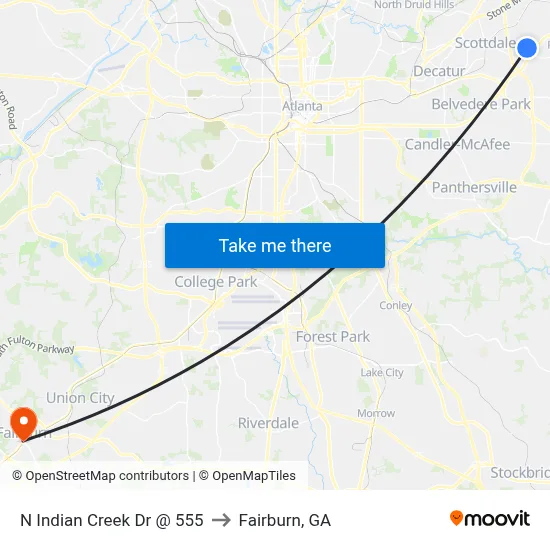 N Indian Creek Dr @ 555 to Fairburn, GA map